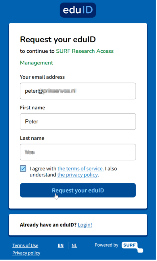 Creating a new account eduID